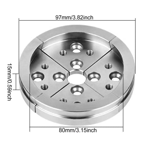 Built Tough Stainless Steel Wood Turning Lathe Chuck Featuring Killer Grip And Sweet Precision Clamping Jaws For Stress Free Woodworking And Quick Machine Tool Swaps Silver, 97mm diameter, precise design.