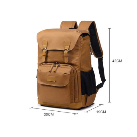 Chic Canvas All In One Go To Camera Backpack For Outdoor Photographers with dimensions 42x30x19cm, tan color, front view