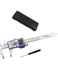 Steel Solar Digital Calipers 150mm Ranges High Accuracy Measurement Tool with Small Case for Industrial Applications Solar Battery Calipers for Woodworking Projects on a white background with battery and case.