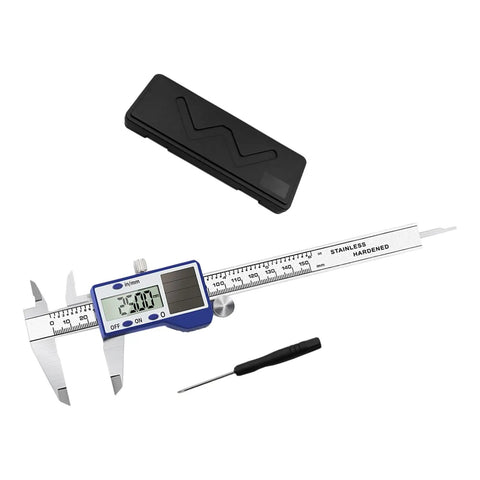 Steel Solar Digital Calipers 150mm Ranges High Accuracy Measurement Tool with Small Case for Industrial Applications Solar Battery Calipers for Woodworking Projects on a white background with battery and case.