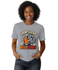 Classic Cool Stubby Screwdriver T-Shirt For DIY Engineers With Short Legs Big Fixes Humor, gray cotton tee on woman.