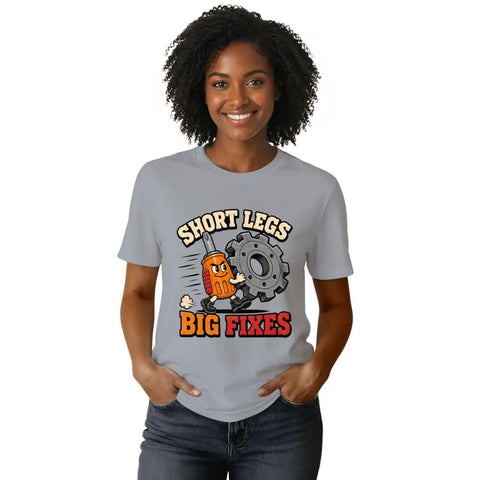Classic Cool Stubby Screwdriver T-Shirt For DIY Engineers With Short Legs Big Fixes Humor, gray cotton tee on woman.