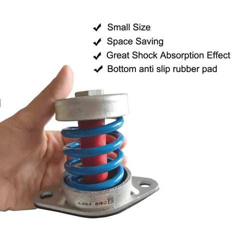 Heavy Duty Floor Mount Vibration Isolators Beat The Rattle With Rock Solid Spring Damping Mounts Finished In Rust Proof Steel For Tough Workshop Gear One Inch Deflection Handles Up To 154 Pounds, showing blue spring mount.