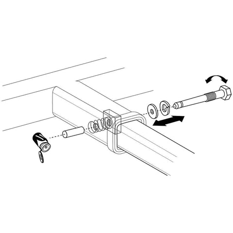 Diagram showing installation of Keyless Press On Locking Silent Hitch Pin For Two And A Half Inch Hitches Anti Rattle Pin Prevents Noise And Slop Five Eighths Inch Diameter Fits Two And A Half Inch Receivers Class IV Tow Rating Up To Twelve Thousand Lbs Rugged Works With Reducing