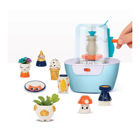 Awesome Mini Pottery Studio Kit For Kids 8 And Up 26 Piece DIY Air Dry Clay Set with pottery wheel and clay projects on display