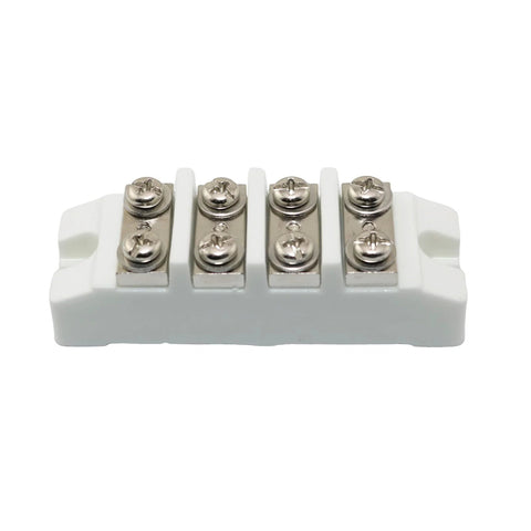 Four-position ceramic high-current terminal block with four screw terminals on a white base