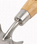Close-up of Long Handle Garden Shovel with stainless steel blade and wooden handle, showing ergonomic design joints.