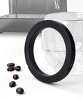 58mm Silicone Brew Head Gasket Replacement for Espresso Machines shown next to coffee maker and glass, preventing leaks and maintaining pressure.