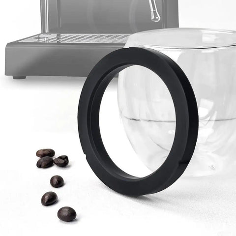 58mm Silicone Brew Head Gasket Replacement for Espresso Machines shown next to coffee maker and glass, preventing leaks and maintaining pressure.