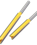 Heavy Duty Straight Router Bits For Fast Wood Trimming Double Flute Solid Steel Quarter Inch Shank in yellow and silver, 3/8 cutter, used for wood trimming.
