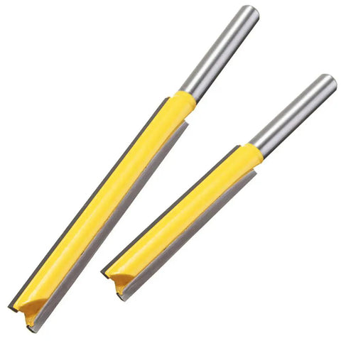 Heavy Duty Straight Router Bits For Fast Wood Trimming Double Flute Solid Steel Quarter Inch Shank in yellow and silver, 3/8 cutter, used for wood trimming.