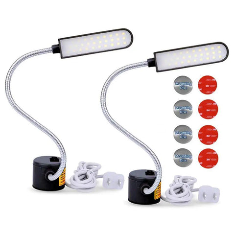 Two Pack Magnetic LED Work Light With Flexible Gooseneck 6W 30 LEDs, magnetic base, mounting discs, and 3M stickers displayed.