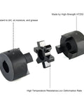 Three-piece L-jaw coupling set with Buna-N rubber spider; includes two black hubs and a star-shaped center piece.