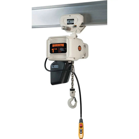 Food Grade Electric Chain Hoist With Push Trolley Half Ton Capacity 208V Low Headroom Design, showing motor and hook