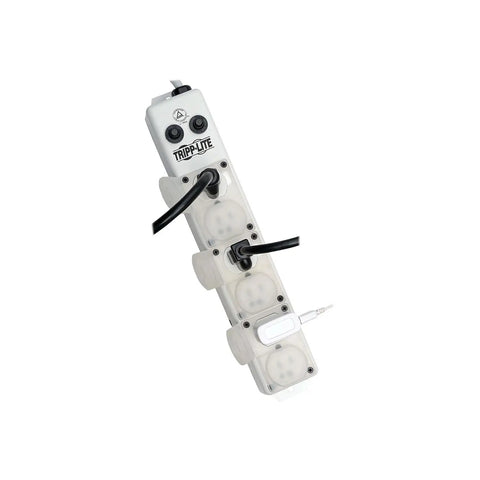 Medical Grade Power Strip Go-To For Patient Care Vicinity With 6 Hospital-Grade Outlets and attached cords, white.