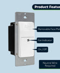 Side view of Circulator Switch with Hourly Fresh Air Timer for ceiling and wall vent fans, showcasing features and design.