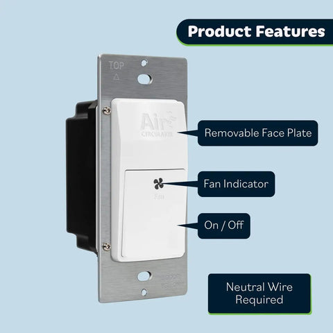 Side view of Circulator Switch with Hourly Fresh Air Timer for ceiling and wall vent fans, showcasing features and design.
