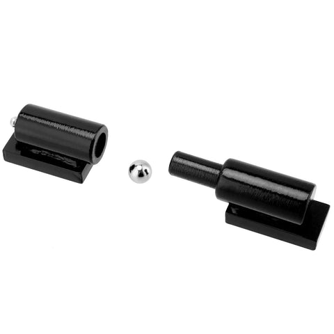 Front view of black 5-inch heavy-duty barrel gate hinge set with mounting bases (2 hinges and pin)