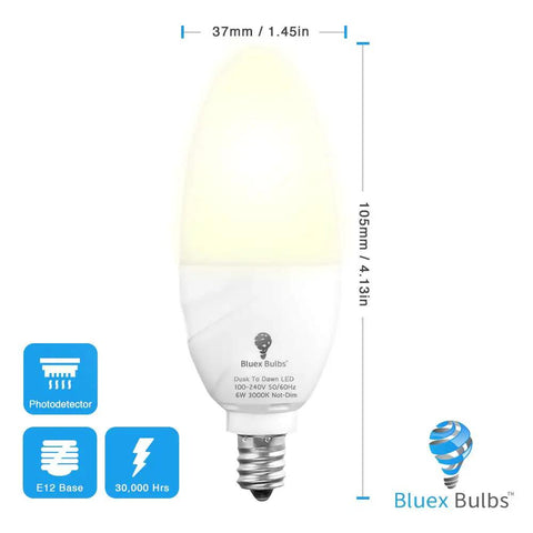 Six Pack Dusk To Dawn LED Bulbs With Smart Light Sensor E12 Candelabra Base 6W Consumption 65W Equivalent 3000K Warm White
