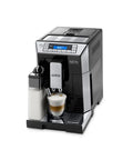Big League Fully Automatic Espresso And Cappuccino Coffee Maker With One Touch Lattecrema Milk System, Stainless Steel Grinder, Metal Sensor Touch Panel, And Hassle Free Two Liter Water Tank For Fast Daily Grinds, showcasing black design and coffee in a glass.