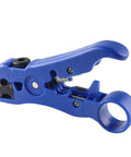 Blue universal coax and Cat5 Cat6 stripping tool for RG59 RG6 RG7 RG11 with reversible cassette adjustable blade visible
