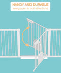 Extra Wide Baby Gate With Cat Door Walk Through Small Pet Door Safety Gate shown swinging open, demonstrating handy and durable design.