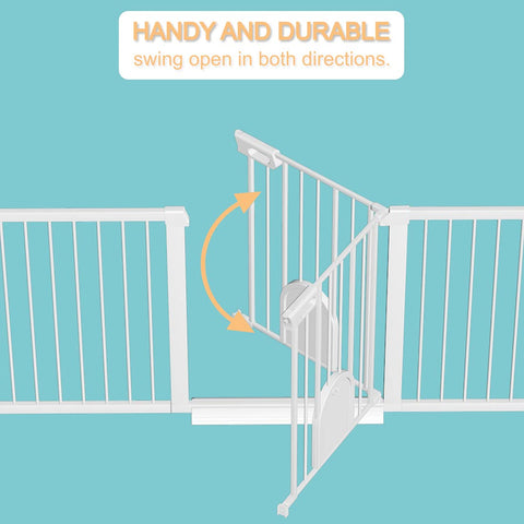 Extra Wide Baby Gate With Cat Door Walk Through Small Pet Door Safety Gate shown swinging open, demonstrating handy and durable design.