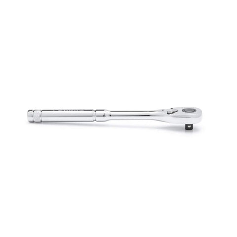 Three Eighths Inch Drive Ratchet With Seventy Two Tooth Quick Release Teardrop Low Profile Head Eight And A Half Inch Length
