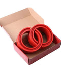 Universal Two Piece Red Rubber Shock Absorber Bushings For Heavy Hauler Car Suspension Tuning, 2-pack in box.
