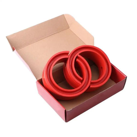 Universal Two Piece Red Rubber Shock Absorber Bushings For Heavy Hauler Car Suspension Tuning, 2-pack in box.