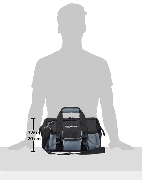 Durable Wear-Resistant 12-Inch Tool Bag With 16 Pockets, black and gray design, shown with adjustable shoulder strap, front view