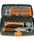Front view of TYZK 38-in-1 hand tool set in orange-black case with ratchet, screwdriver, sockets and bits