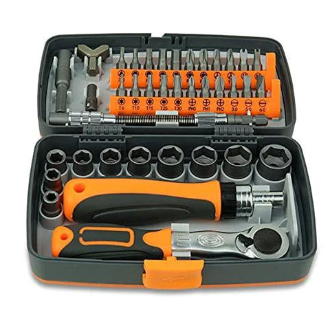 Front view of TYZK 38-in-1 hand tool set in orange-black case with ratchet, screwdriver, sockets and bits