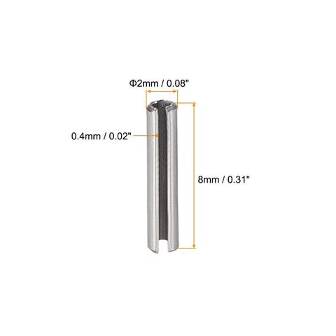 Slotted Spring Pin M2 X 8mm 304 Stainless Steel Roll Dowel Pins, Plain Finish, axial slotted, chamfered ends, 20Pcs shown.