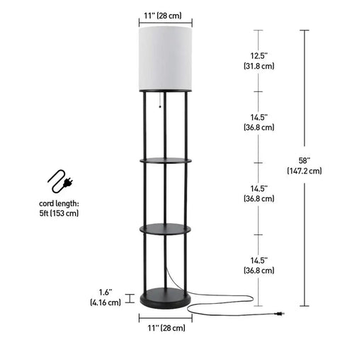 Dimensions of Versailles Floor Lamp With Built-In Shelves, 57.5 Inch Matte Black, White Linen Shade, Zen Ambiance