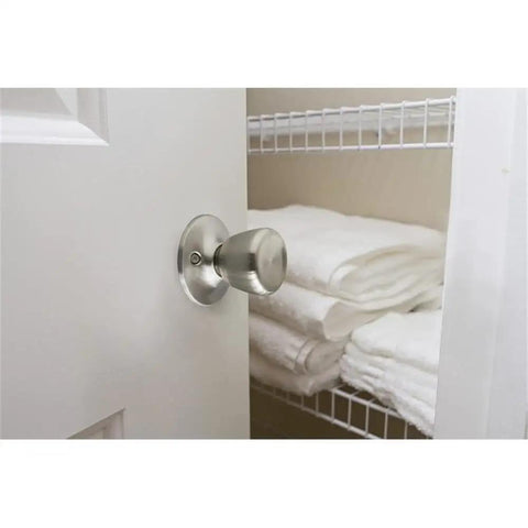 Tulip Style Dummy Doorknob Set, Satin Nickel Finish, 2 Pack, installed on a closet door, showing flush mount design