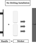Diagram showing installation of 15 Pack Self Stick Push Pull Cabinet Handles Black ABS Plastic, using adhesive, no drilling needed.