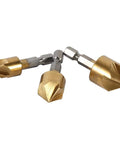Three gold countersink drill bits with 1/4 in hex shanks, HSS, for woodworking chamfering, 6–19 mm.