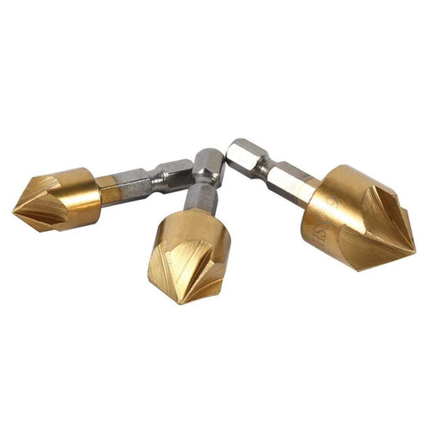 Three gold countersink drill bits with 1/4 in hex shanks, HSS, for woodworking chamfering, 6–19 mm.