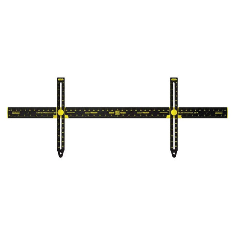 Stress Free Wall Hanging Tool Features Built In Level And Measuring Ruler For Dead On Picture Frame Mirror Mounting Zero Guesswork Adjustable 36 Inch Nail Guide Black, showing measuring guide with yellow markings.