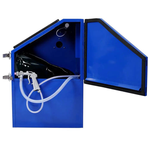 Open view of Beefed Up Heavy Duty 110L Bench Top Sandblast Cabinet showing built-in blast gloves and nozzle.