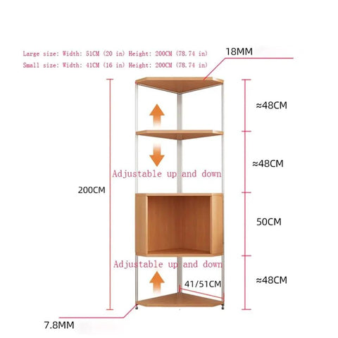 Solid Wood Corner Shelf With Multiple Tiers, Triangular Bookshelf, adjustable shelves, dimensions, sturdy space saver cabinet