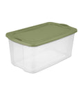 120 Qt Big Boy Storage Bin, Clear Plastic Tote With Green Lid, showing sturdy handles and a spacious interior.