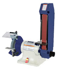 Badass Heavy Duty Belt And Bench Grinder Combo With Rock Solid 9 Inch Vise And Swappable Vertical Or Horizontal Sanding Belt For Quick Deburring Polishing And Metal Craft Projects In The Shop, featuring a blue body and gray grinder.