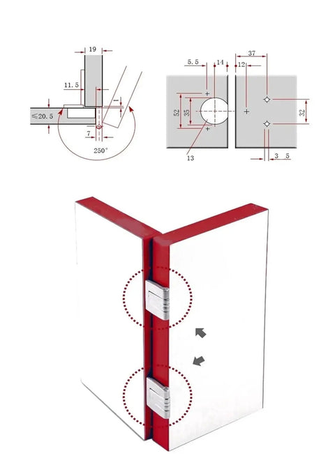Tough As Nails 270 Degree Zinc Alloy Cabinet And Wardrobe Folding Hinge Set diagram and red hinges on open doors, 2pcs set