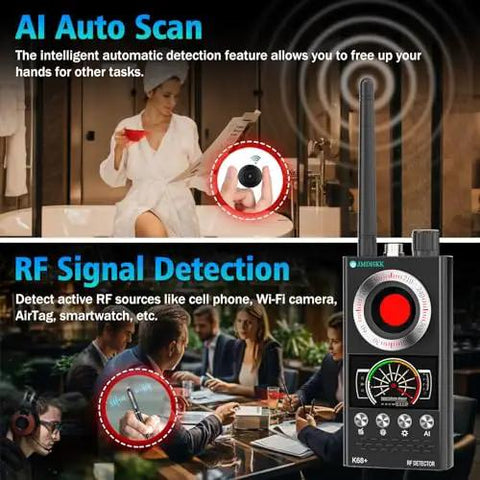 Hidden Camera Detector And Bug Detector With Magnetic Tracker shown detecting wireless signals in a home and hotel setting.