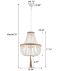 Four Light Wood Beaded Boho Farmhouse Pendant Chandelier With Tassels In White Rustic Bohemia Style, 17 Inch Diameter, Side View