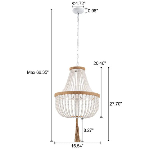 Four Light Wood Beaded Boho Farmhouse Pendant Chandelier With Tassels In White Rustic Bohemia Style, 17 Inch Diameter, Side View