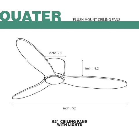 Diagram of a No Light 52 Inch Ceiling Fan With Remote, Low Profile Flush Mount, Natural Wood Finish, 6 Speed Reversible DC Motor
