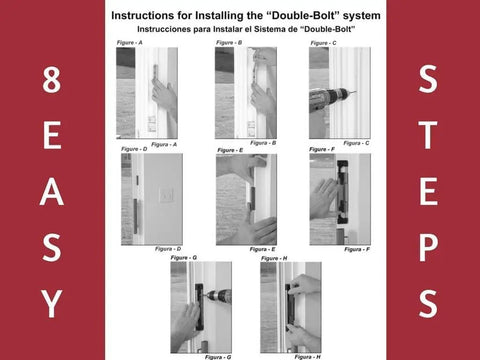 Installation instructions for Double Bolt Sliding Glass Door Lock With Patented Tech For The Fam Safety in 8 easy steps.